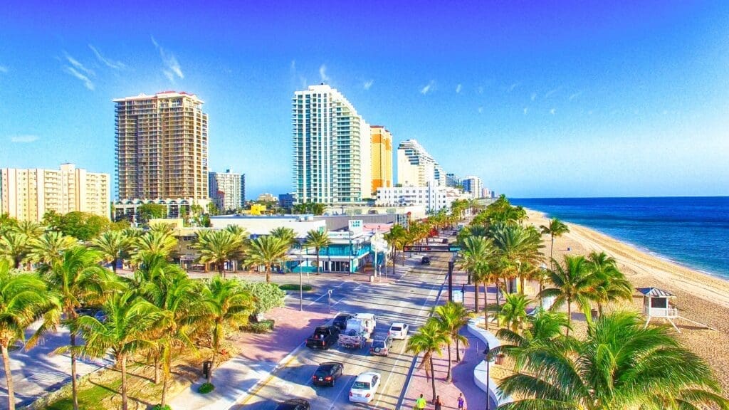 Fort Lauderdale skyline from the air on a sunny morning at the beach