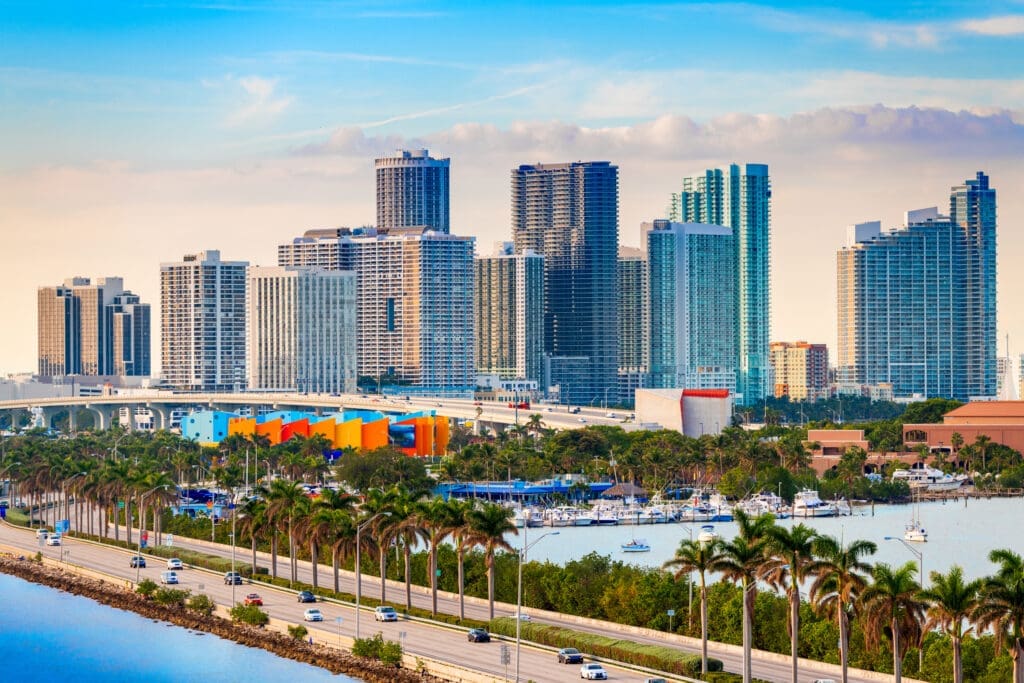 Stunning afternoon view of the downtown skyline as seen from the MacArthur Causeway.