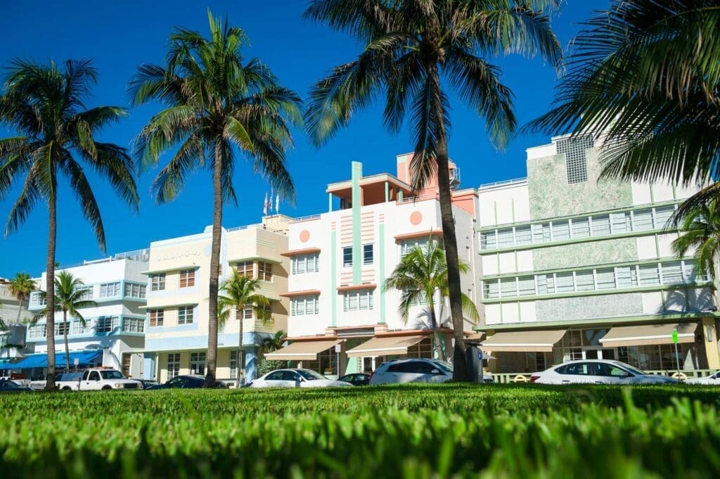 A view from Lummus Park showcasing the iconic Art Deco buildings along Ocean Drive.