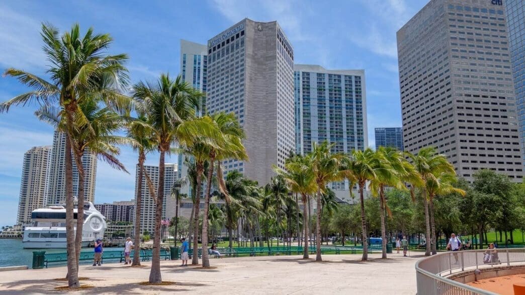 The urban landscape of Bayfront Park, Miami, on a sunny afternoon, with palm trees, a green lawn, and people walking by a bay. The background features a dense skyline of modern skyscrapers, including the prominent Citi building.
