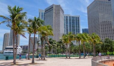 A sunny afternoon at Bayfront Park with a group of Downtown Miami buildings against the sky.