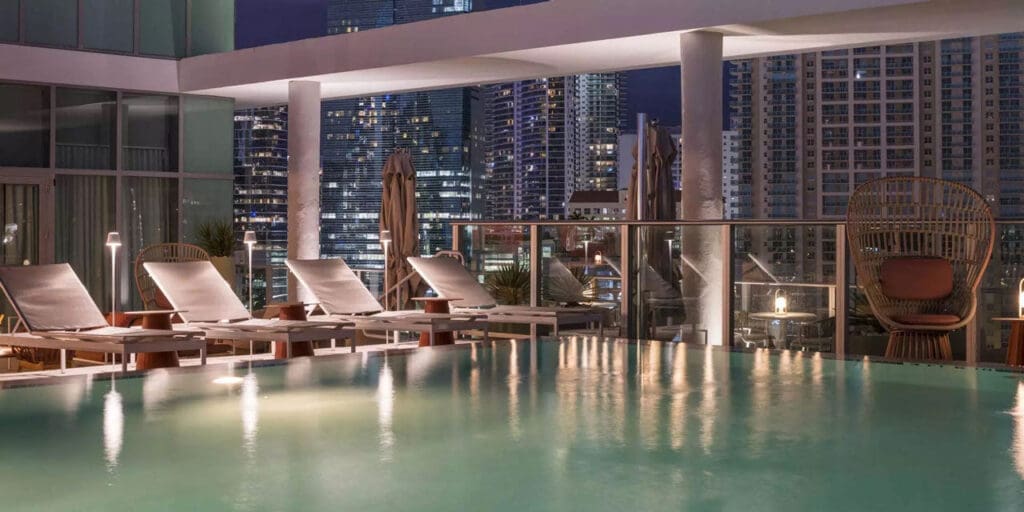 View of the Brickell skyline from the rooftop swimming pool at the Novotel Miami Brickell.