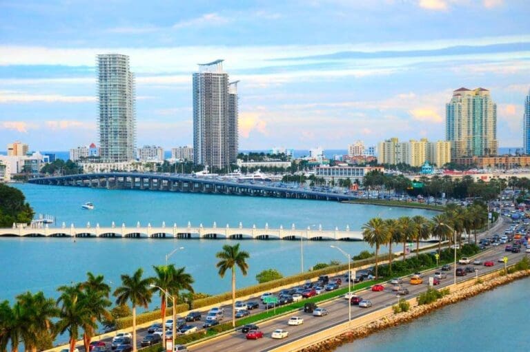 Dense traffic flows in and out of South Beach on the MacArthur Causeway.