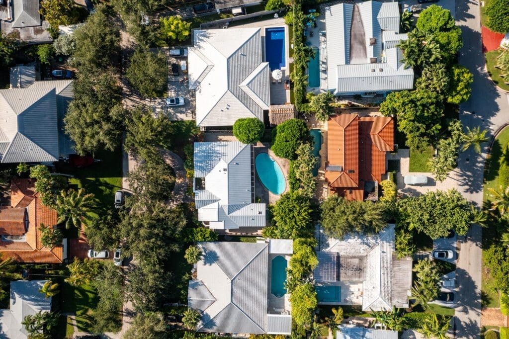 Aerial drone photos of luxury homes in a residential area of Miami