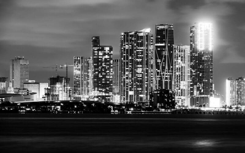 Miami Night: Downtown Business District Illuminations and City Reflections