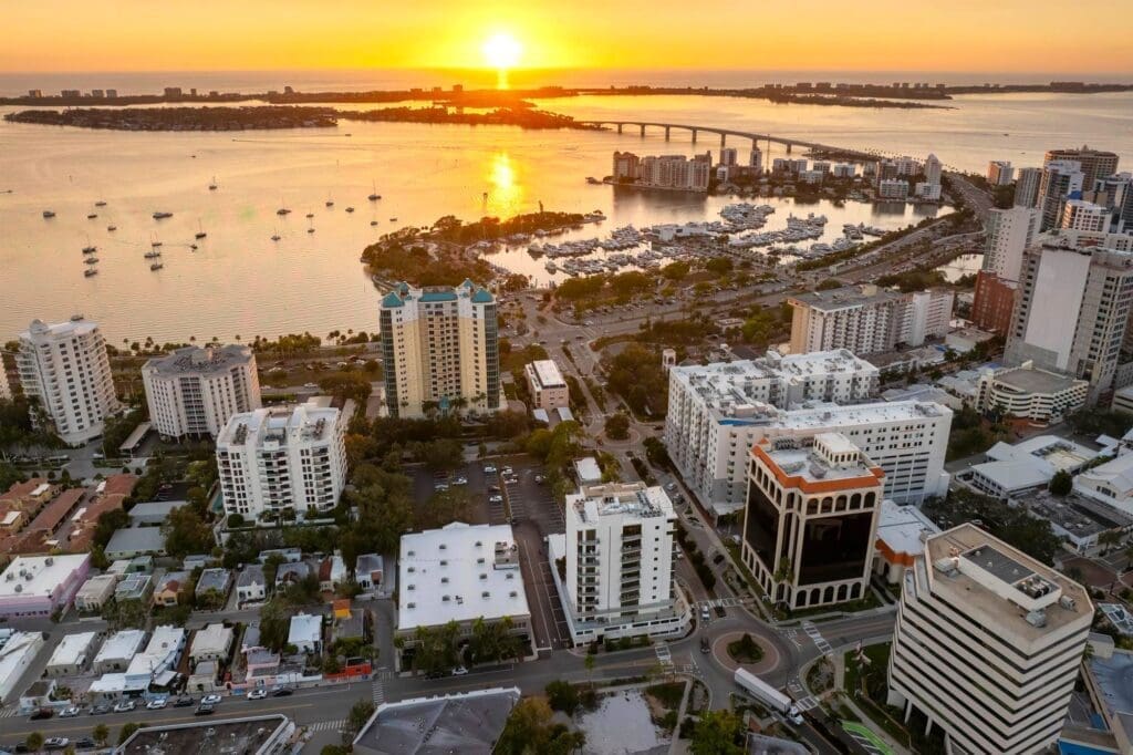 Sunset in Sarasota with luxury yachts docked in the Bay