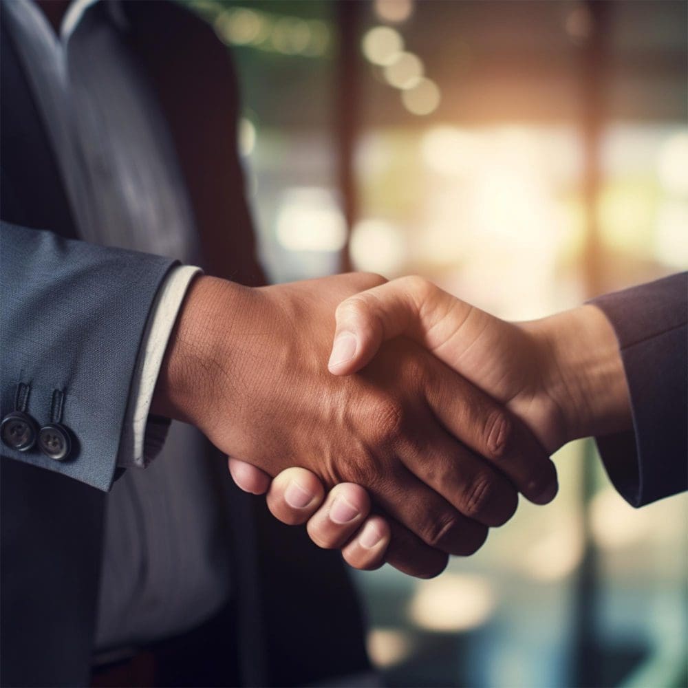 Two Miami businessmen shaking hands against a backdrop of floor-to-ceiling windows, bathed in the golden glow of a sunset.