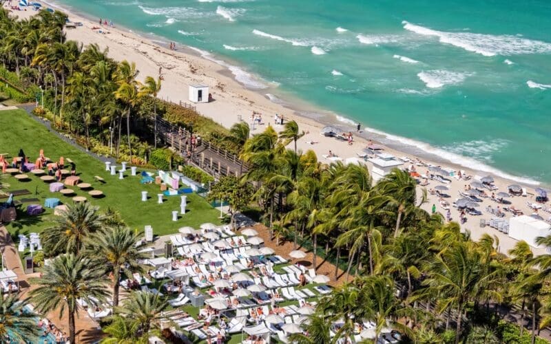 Breathtaking aerial perspective showcasing the Fontainebleau, Miami Beach Boardwalk, and the pristine coastline