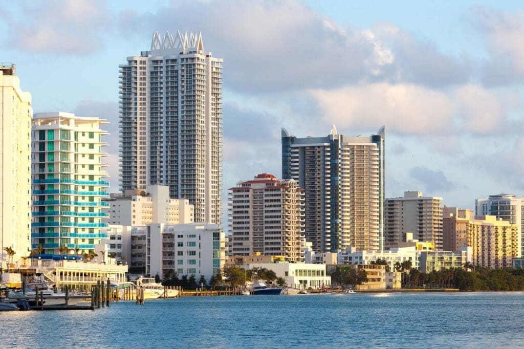 Buildings situated between North Beach and Mid-Beach at sunset