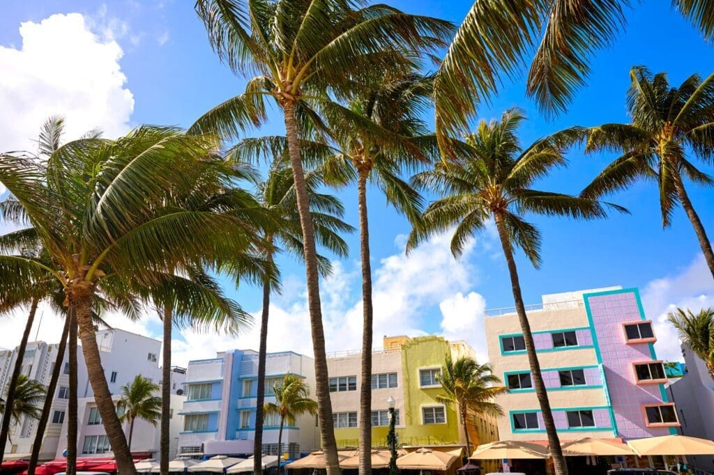 Iconic Art Deco structures adorned with beautiful pastel hues lining Ocean Drive