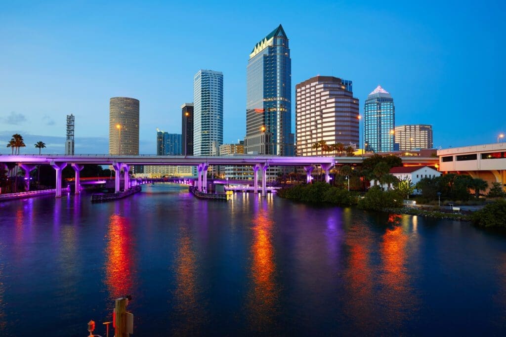 Tampa Downtown Skyline Glowing at Sunset