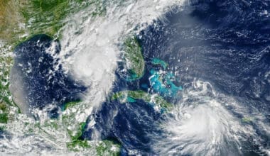 View of an approaching storm over Florida, USA, as seen from space