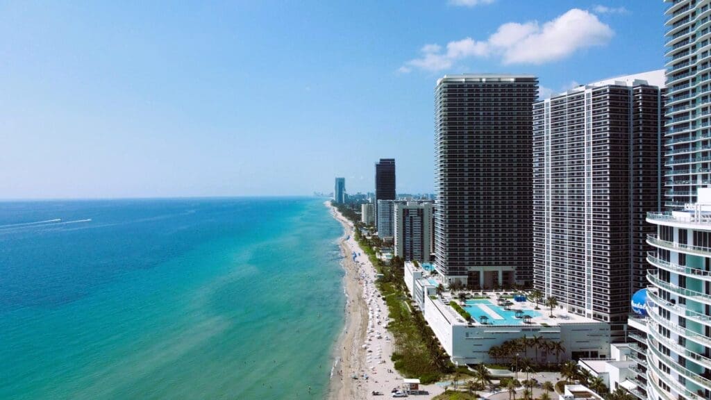 Aerial View of Modern Beachfront Buildings on Hallandale Beach, Southern Broward County, Florida