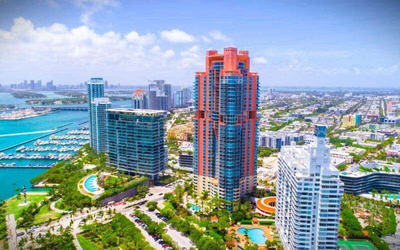 Aerial view of South of Fifth neighborhood in Miami Beach, FL