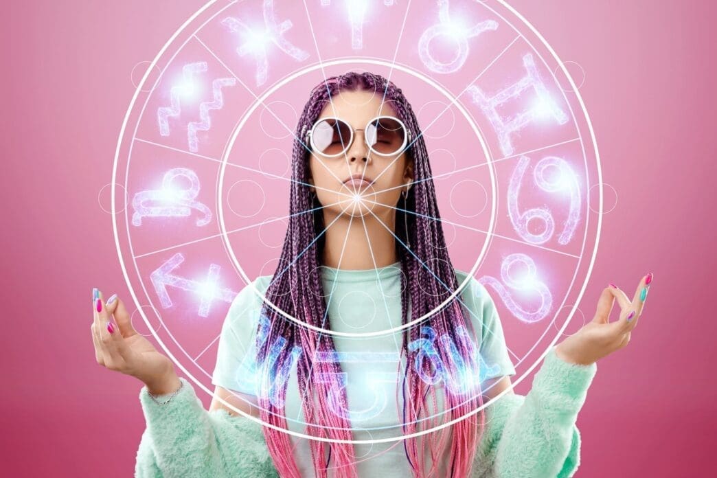 Astrology-inspired fashion concept a gorgeous girl surrounded by a circular backdrop adorned with zodiac signs