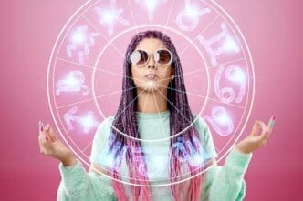 Astrology-inspired fashion concept a gorgeous girl surrounded by a circular backdrop adorned with zodiac signs