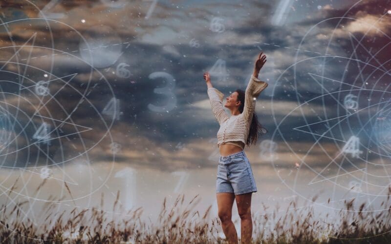 Concept of abstract zodiac signs featuring a full-body shot of a woman