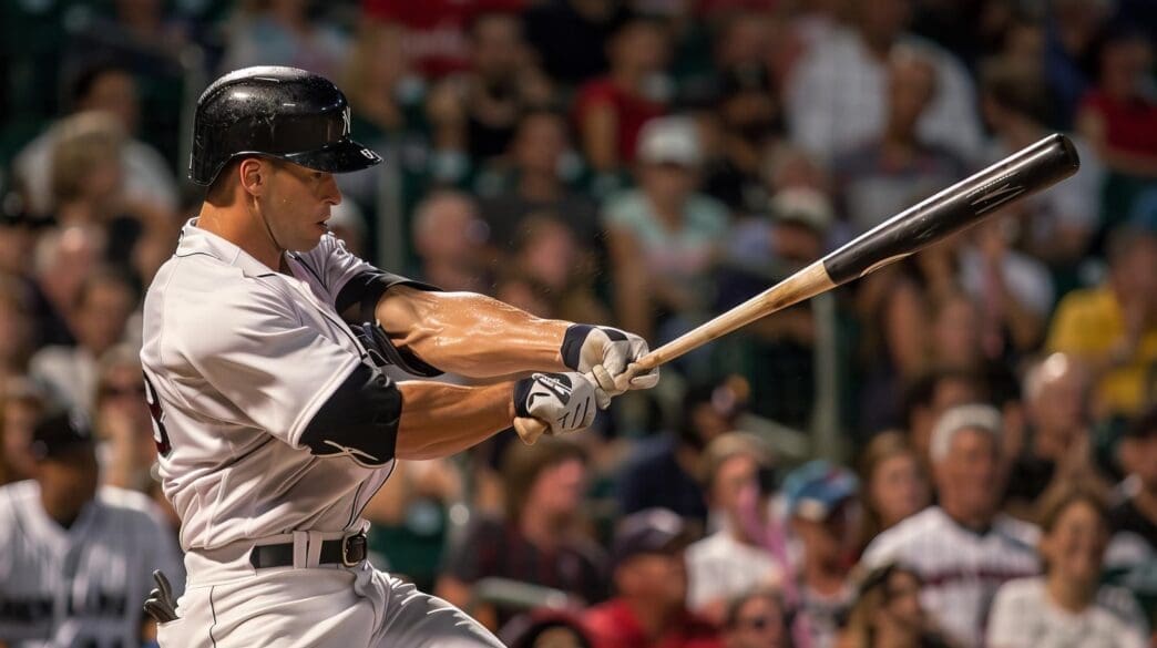 Professional MLB baseball player taking the swing in the middle of a cheering crowd