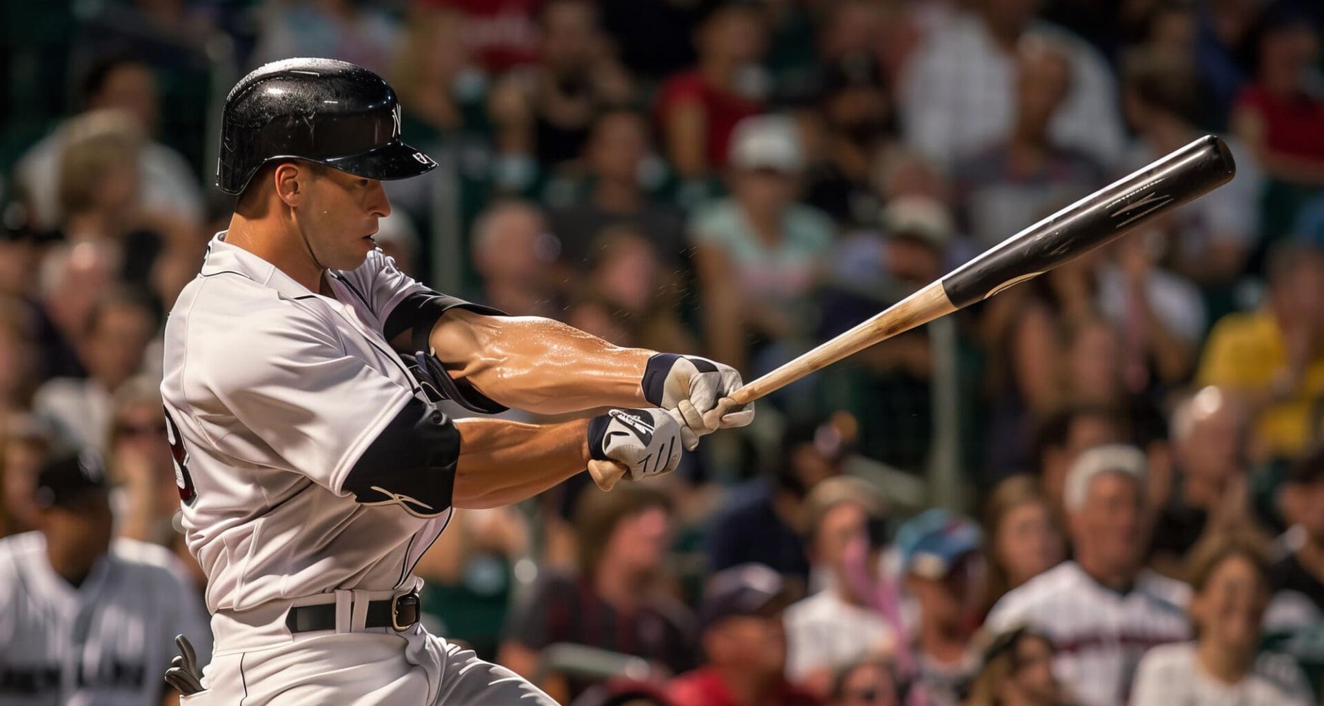 Professional MLB baseball player taking the swing in the middle of a cheering crowd