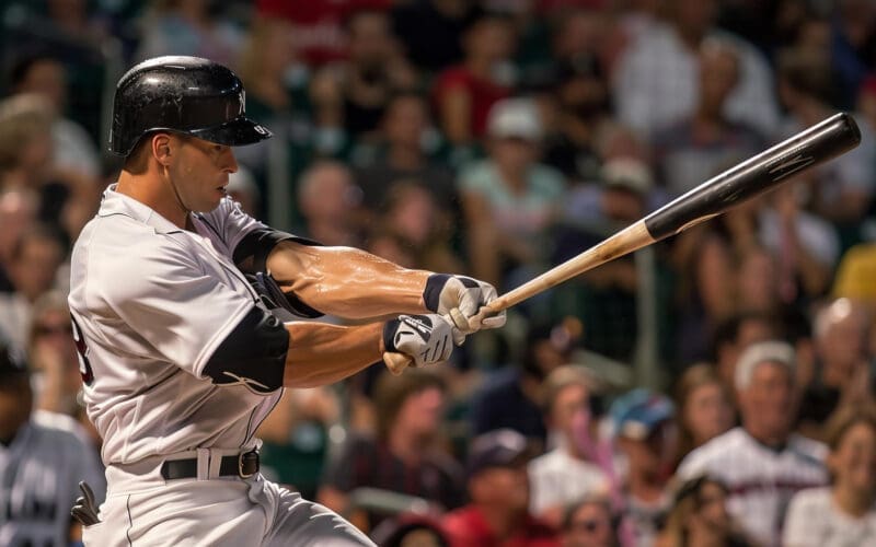 Professional MLB baseball player taking the swing in the middle of a cheering crowd