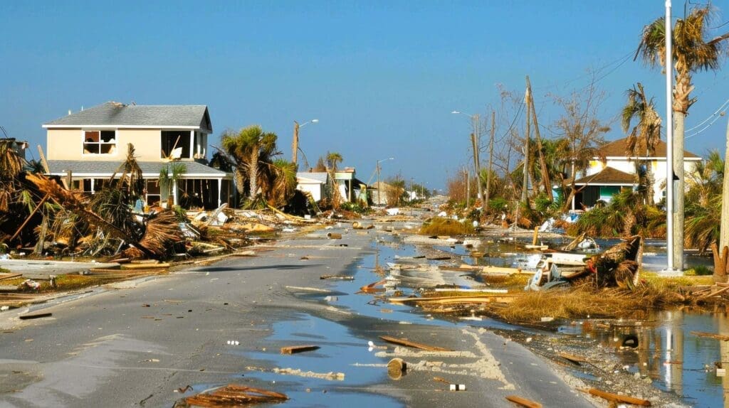 Street outside Tampa with lots of debris and water