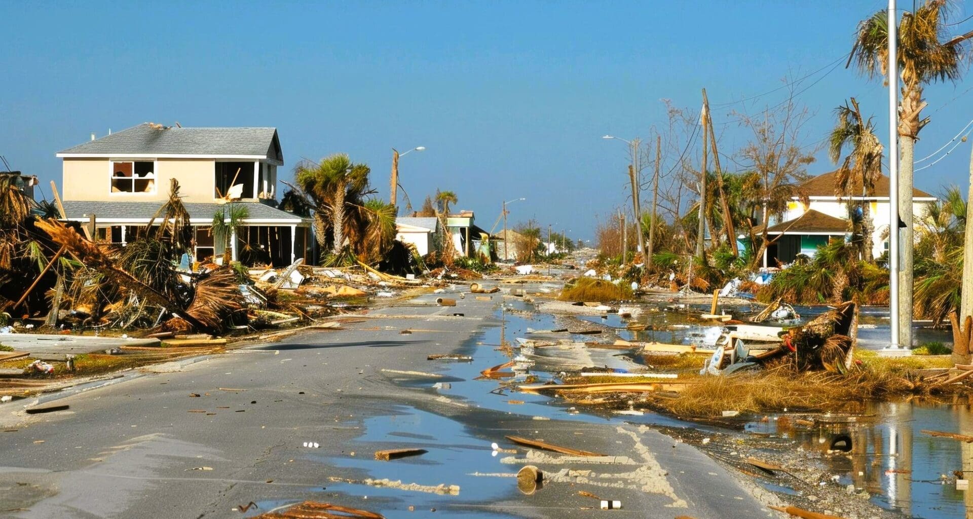 Street outside Tampa with lots of debris and water