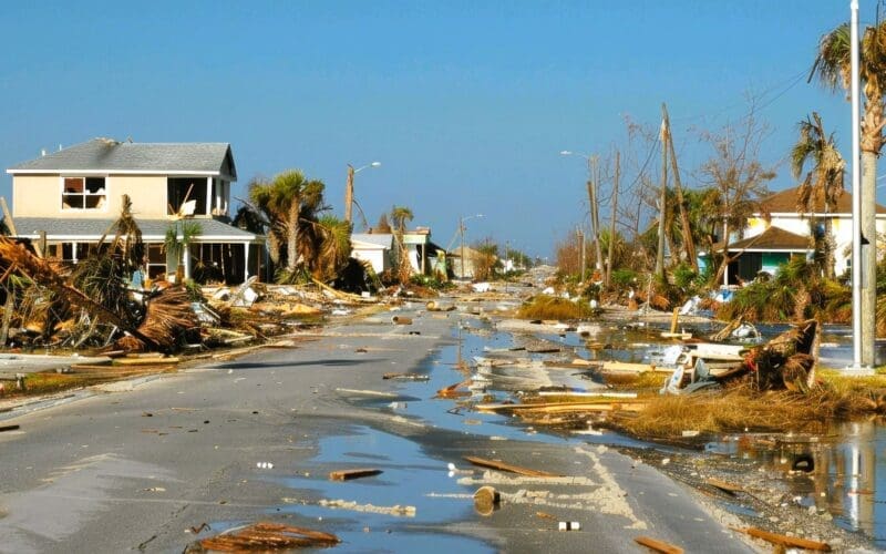 Street outside Tampa with lots of debris and water