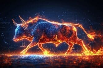 A 3D rendering of a powerful, neon-lit bull, glowing with fiery orange and blue energy and sparks, walking across a digital circuit-board-like surface against a dark, futuristic background, representing the Taurus zodiac sign.