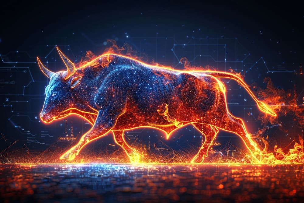 A 3D rendering of a powerful, neon-lit bull, glowing with fiery orange and blue energy and sparks, walking across a digital circuit-board-like surface against a dark, futuristic background, representing the Taurus zodiac sign.