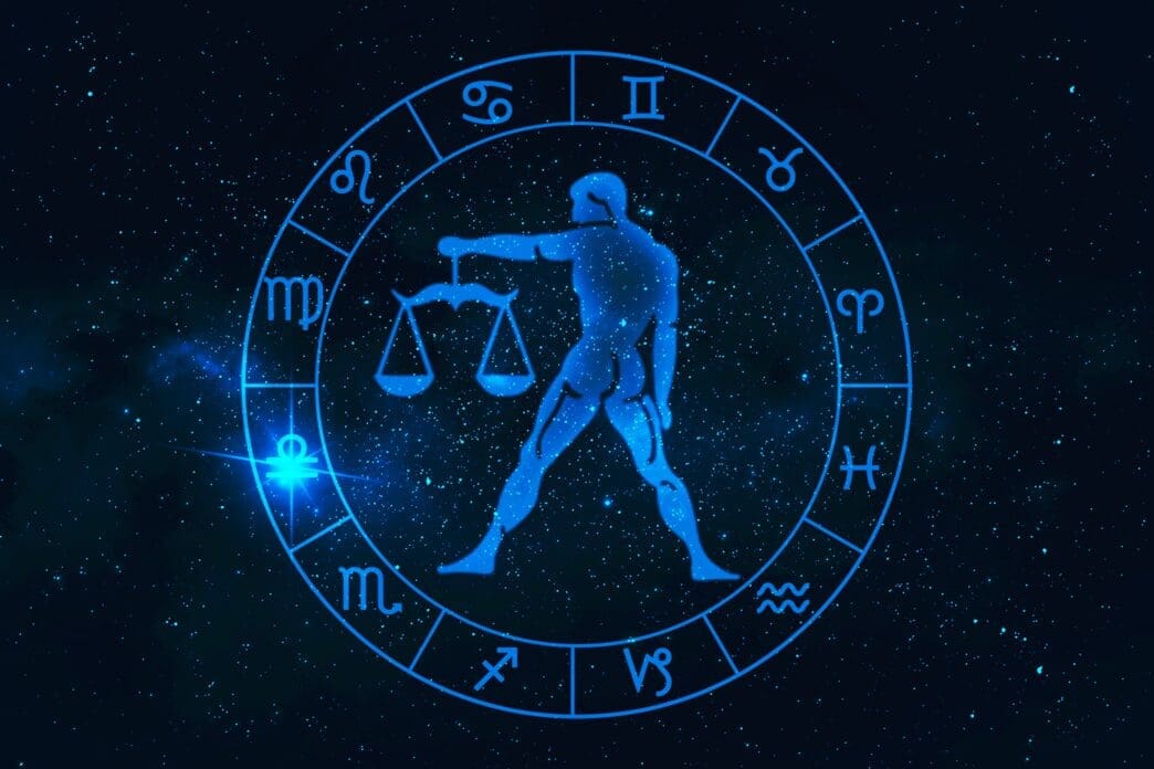 Libra horoscope sign in twelve zodiac with galaxy stars backgrou