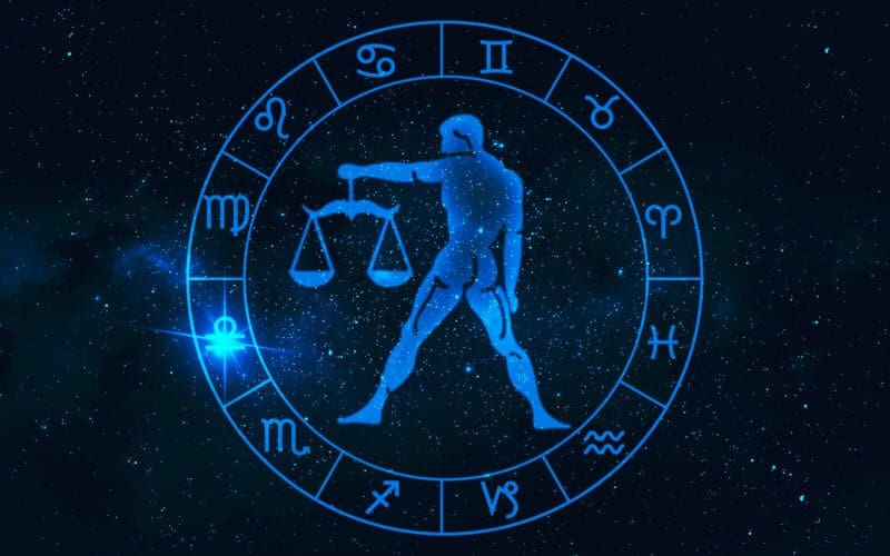 Libra horoscope sign in twelve zodiac with galaxy stars backgrou