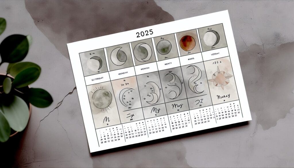 A calendar layout showing the lunar months, embellished with subtle zodiac motifs, highlighting key opportunities for Snakes throughout 2025