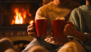 A charming couple enjoying sweet cocoa by the fireplace indoors, captured in a close-up shot