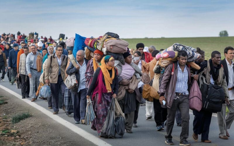 A large group of people are walking down the road with luggage