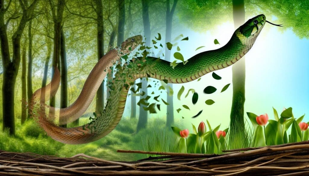 A lush forest scene symbolizing renewal and growth, with a Snake elegantly shedding its skin, representing transformation and the energy of the Wood element