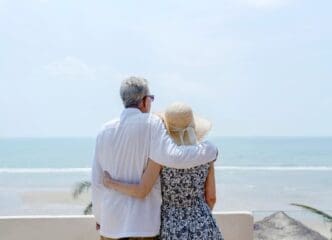 A mature couple enjoying the beauty of a picturesque Florida beach