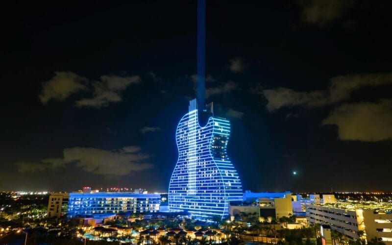 A nighttime aerial perspective of the Seminole Hard Rock Guitar Hotel in Hollywood