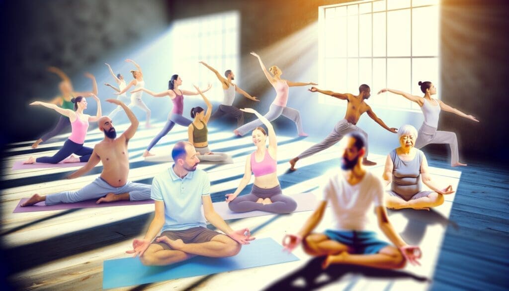 A serene yoga class in a sunlit studio, participants practicing yoga or tai chi, symbolizing the balance and holistic well-being encouraged in the Year of the Wood Snake