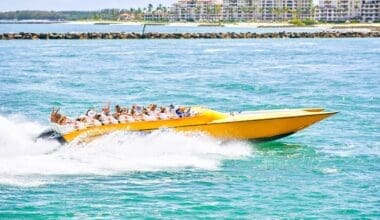 A thrilling speedboat ride through the vibrant blue waters of Miami, offering an exhilarating sense of adventure