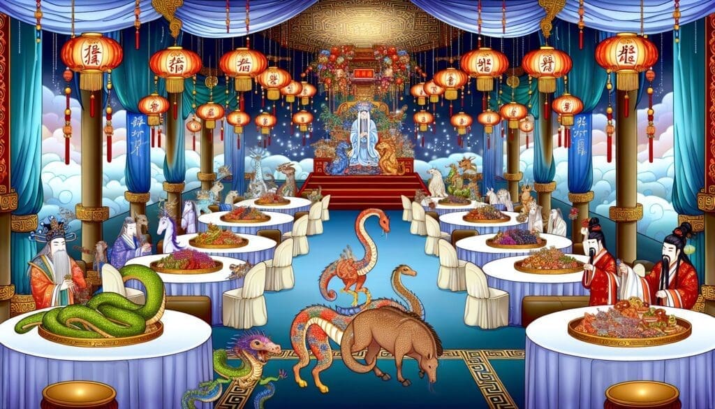 A traditional Chinese illustration depicting the Jade Emperors banquet with various zodiac animals, including a clever Snake and a Horse, in a grand and mystical setting