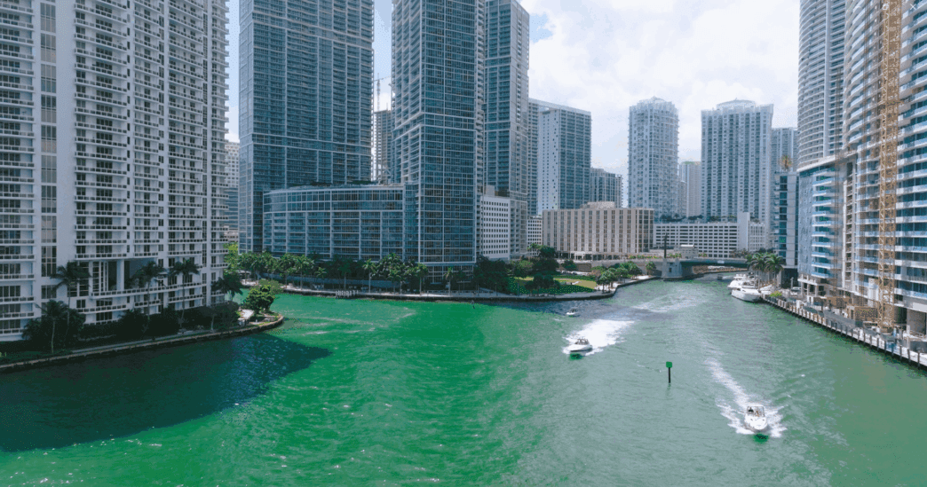Aerial view of the Miami River with the stunning Miami skyline as a backdrop
