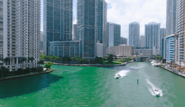 Aerial view of the Miami River with the stunning Miami skyline as a backdrop