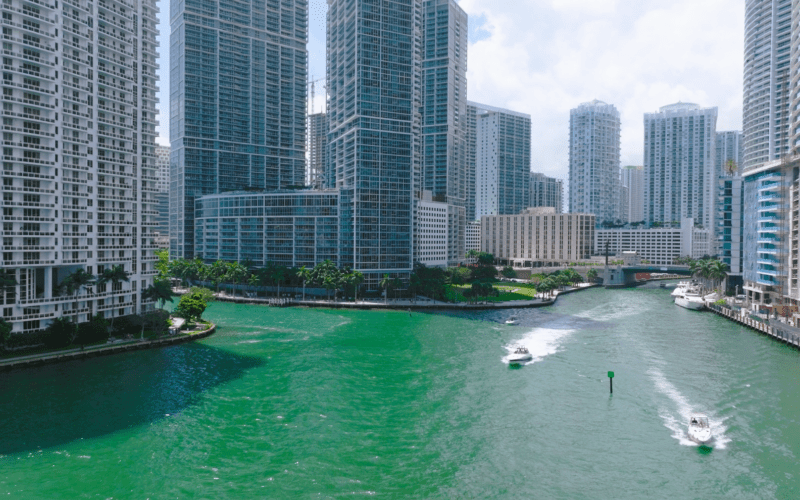 Aerial view of the Miami River with the stunning Miami skyline as a backdrop