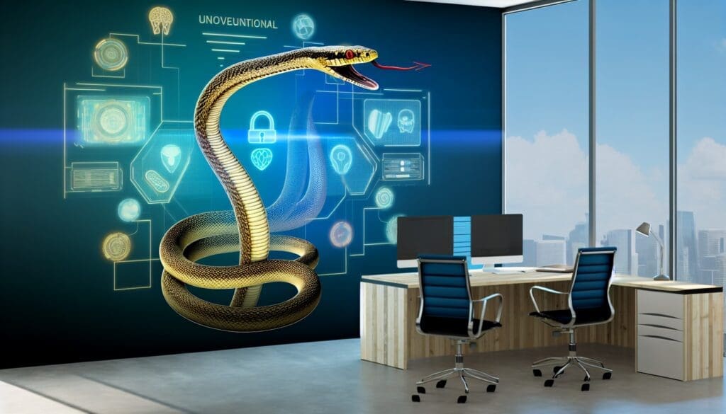 An office setting with a professional Snake character working on a futuristic project, surrounded by tech gadgets, symbolizing creativity and strategic exploration in careers