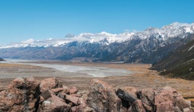 Aoraki Mount Cook National Park viewed from the border of Tasman Lake, New Zealand