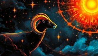 An artistic depiction of a dark ram with large, golden-orange horns, looking towards a glowing, fiery orange sun symbol with astrological elements, all set against a dark, starry, cosmic background with blue clouds.