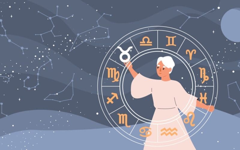 Background design featuring zodiac and astrology symbols for horoscope composition