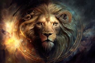 Background featuring sacred symbols of the zodiac sign Leo in astrology