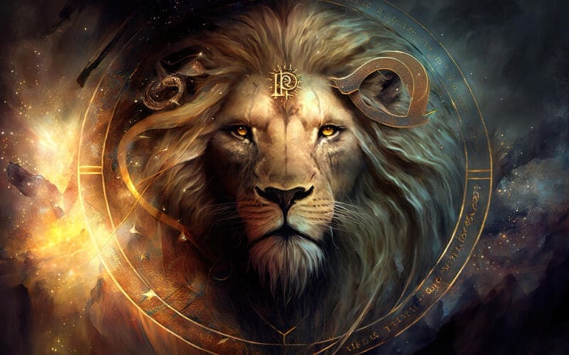 Background featuring sacred symbols of the zodiac sign Leo in astrology