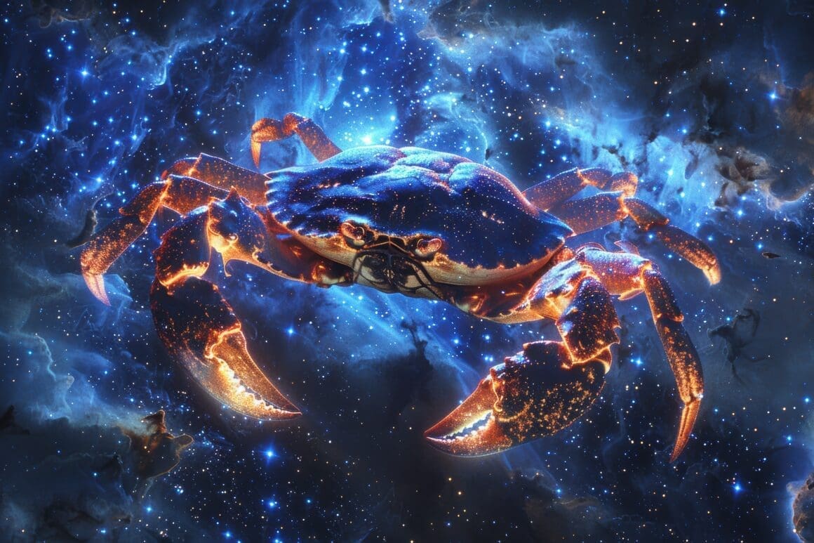 A large, iridescent blue and orange crab with glowing edges is depicted floating in a vibrant, starry nebula-filled cosmic background, representing the Cancer zodiac sign.